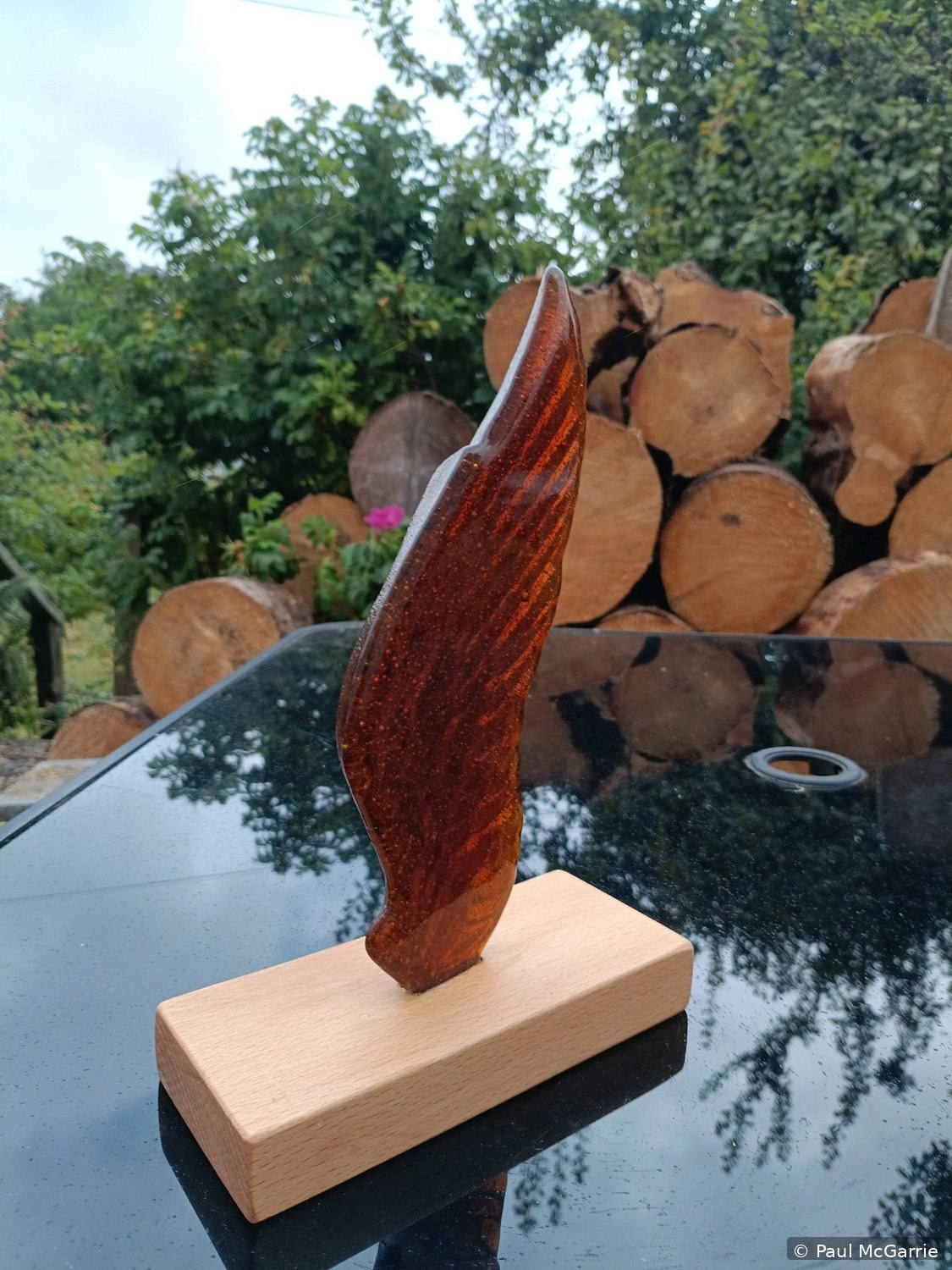 Glass Angel Wing in Amber, fused glass artwork by Paul McGarrie, photograph 1
